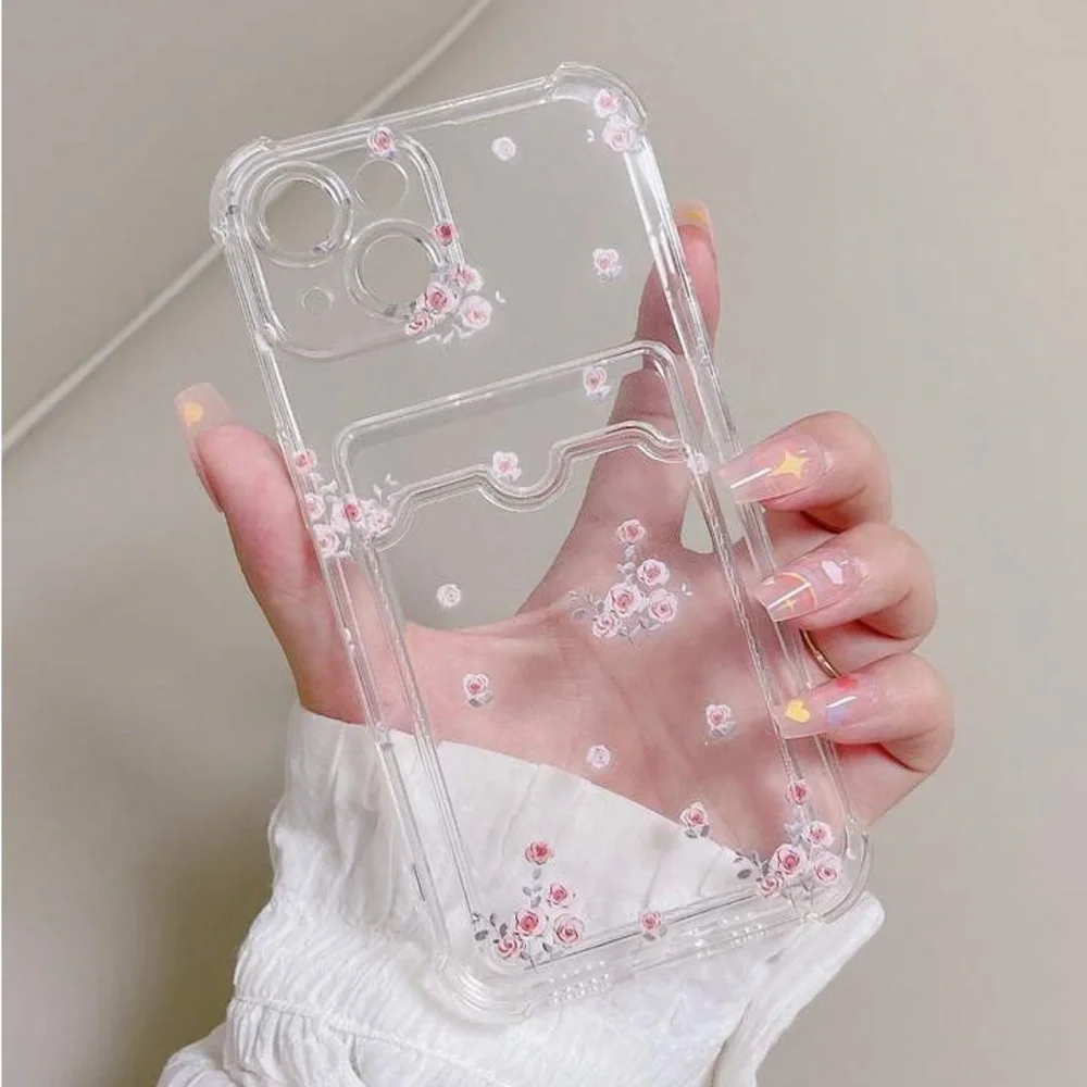iPhone 13 Pro Transparent Flower Printed Phone Case with Card Slot - Picture 4 of 4